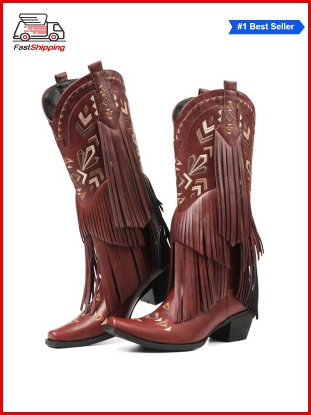 โจ SaraIris Cowgirl Boots Knee High Fringe Embroidered Pull On Chunky Heel
